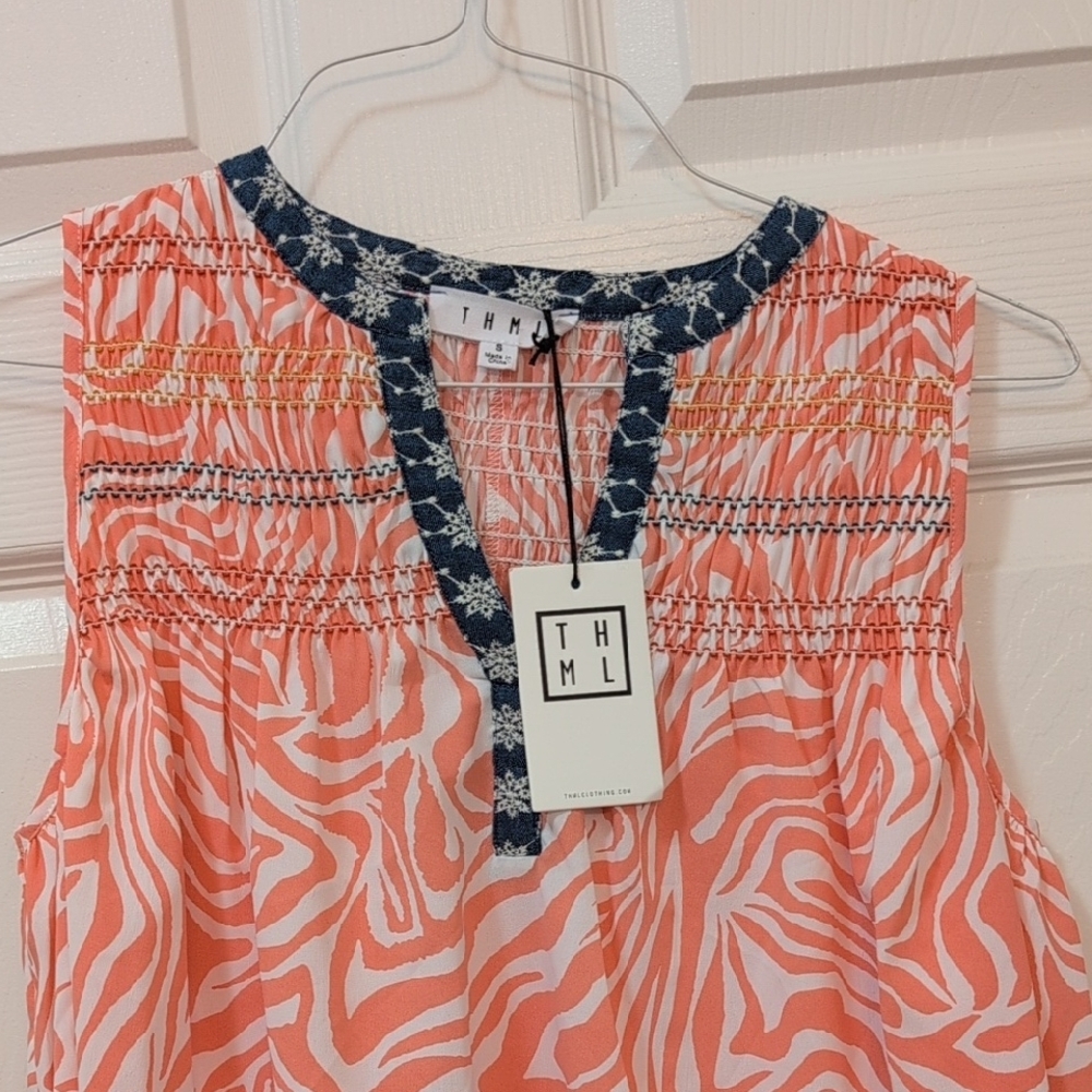 THML Orange and White Smocked Sleeveless Blouse - Picture 2 of 4